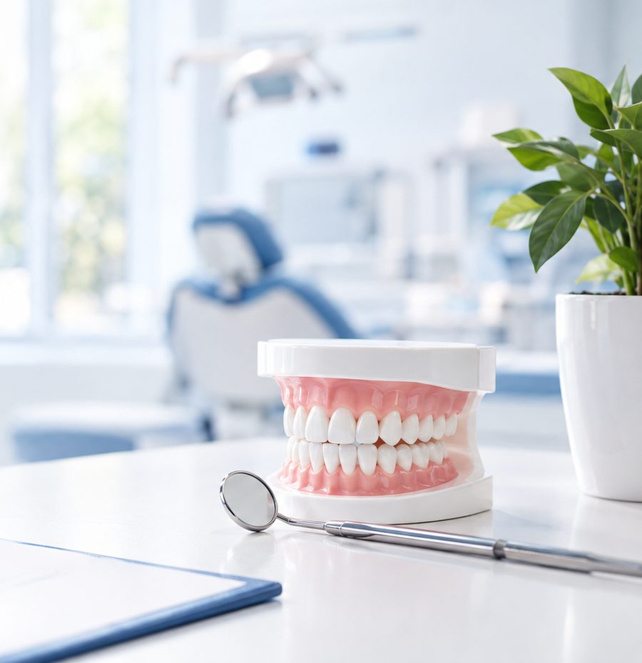 A dental model and mouth mirror on a reception desk